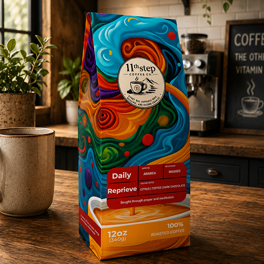 A 12 oz bag of 11th Step Coffee Co. 'Rerieve' Daily Roasted Coffee stands on a wooden counter in a kitchen setting, next to a ceramic mug.